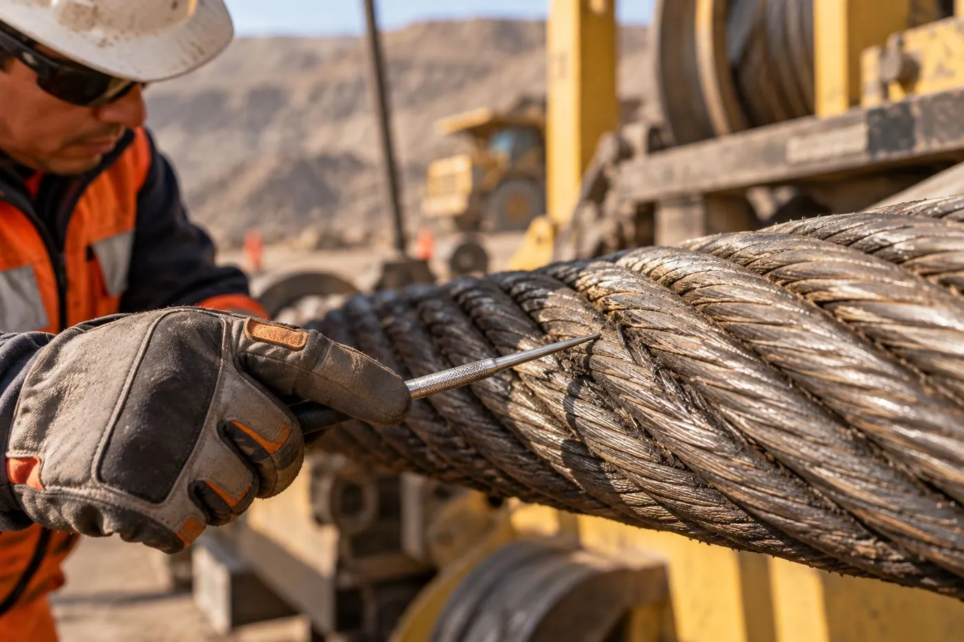 Manos con guantes inspeccionan un cable de acero de grúa