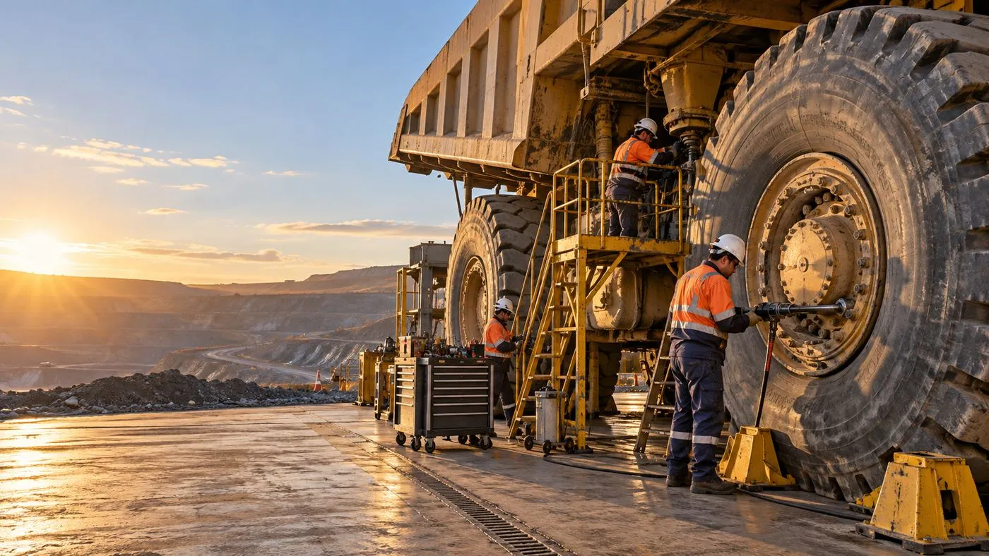 Mechanics work on the wheel of a haul truck in a maintenance bay, with the open pit behind