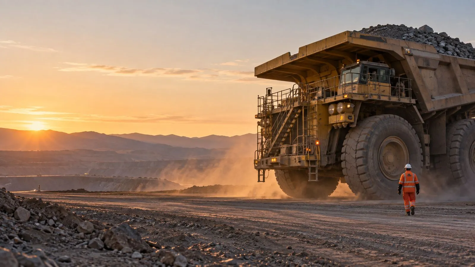 Camión de extracción cargado y un trabajador caminando en una faena minera al atardecer. Imagen referencial.