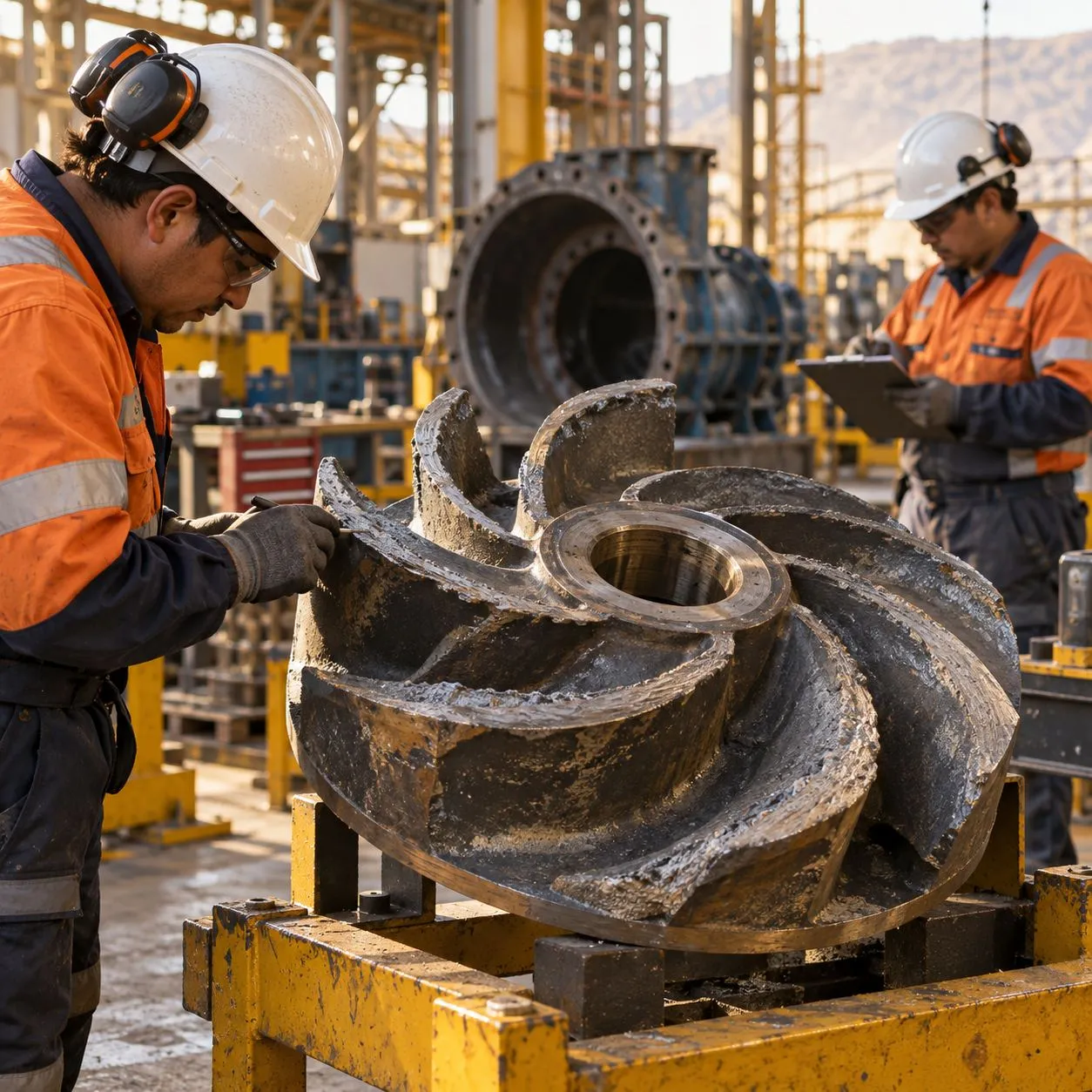 Técnico revisa el impulsor desgastado de una bomba