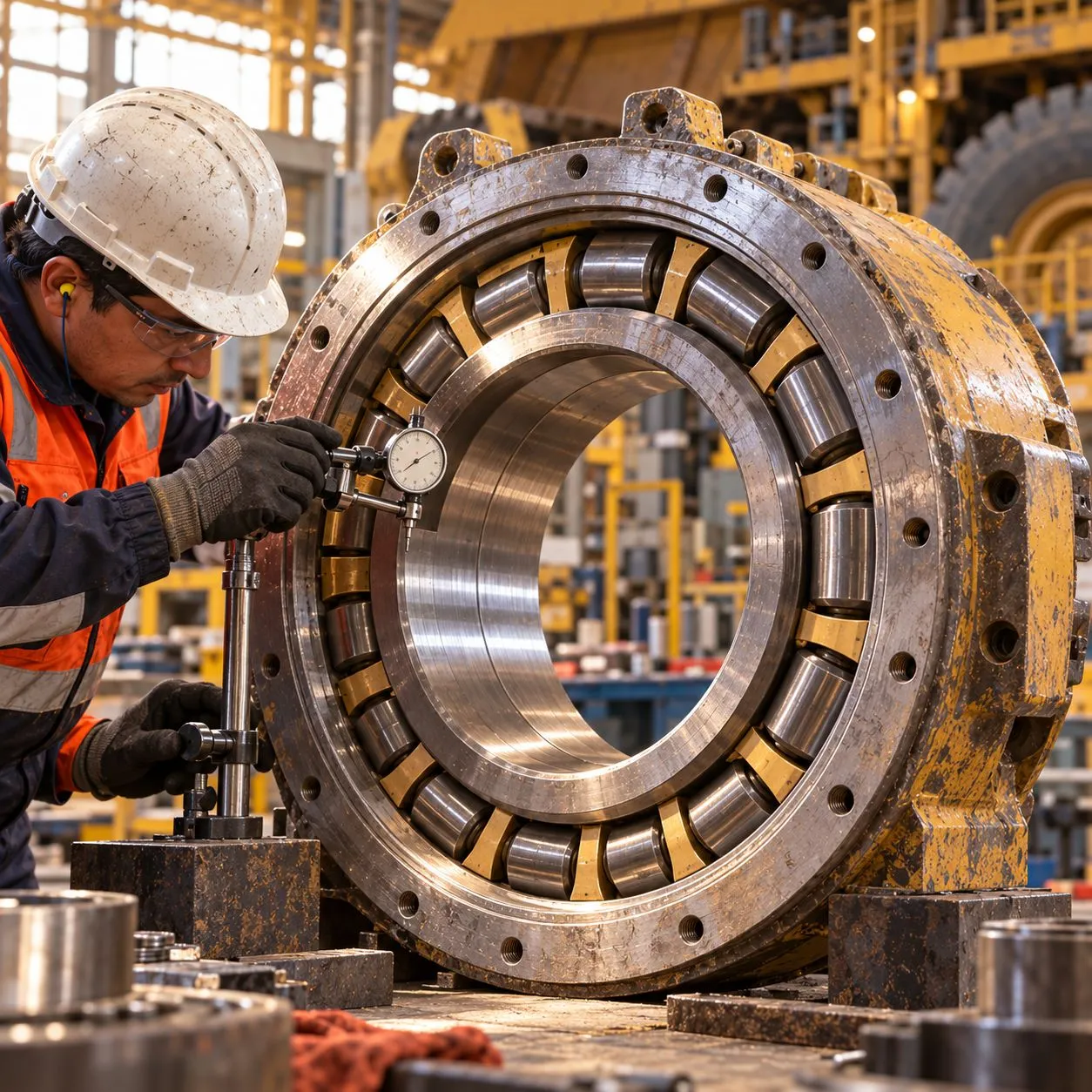 Técnico midiendo un rodamiento con un comparador