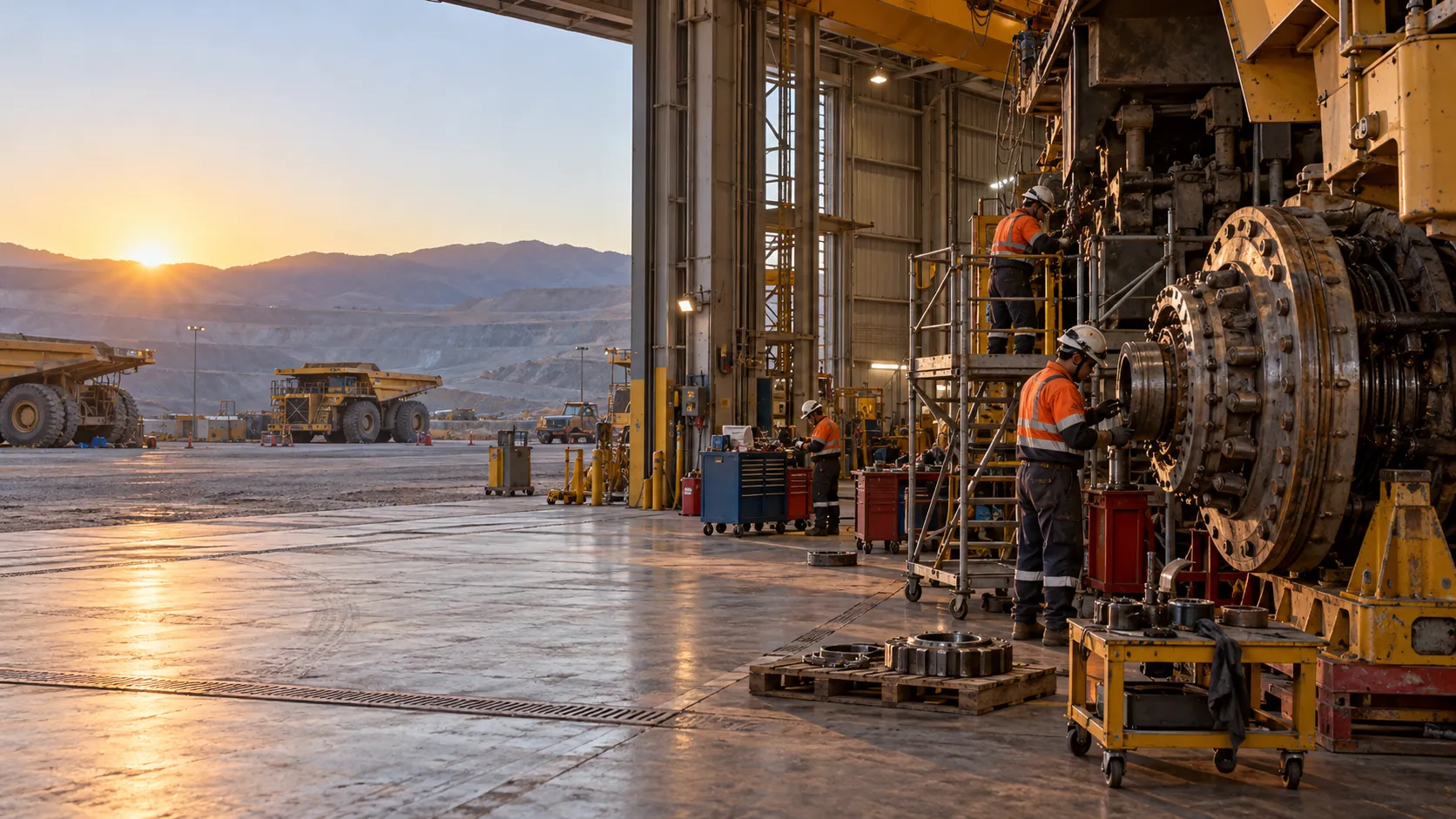 Centro de reparación al atardecer: técnicos trabajan en un componente grande y, afuera, camiones de extracción en la faena