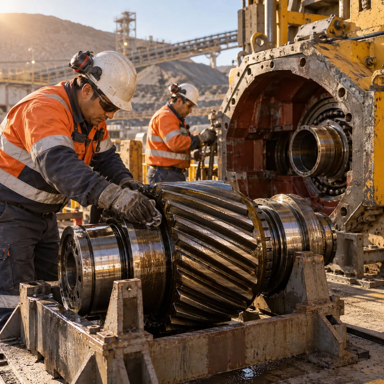 Técnico revisa el piñón de un reductor abierto