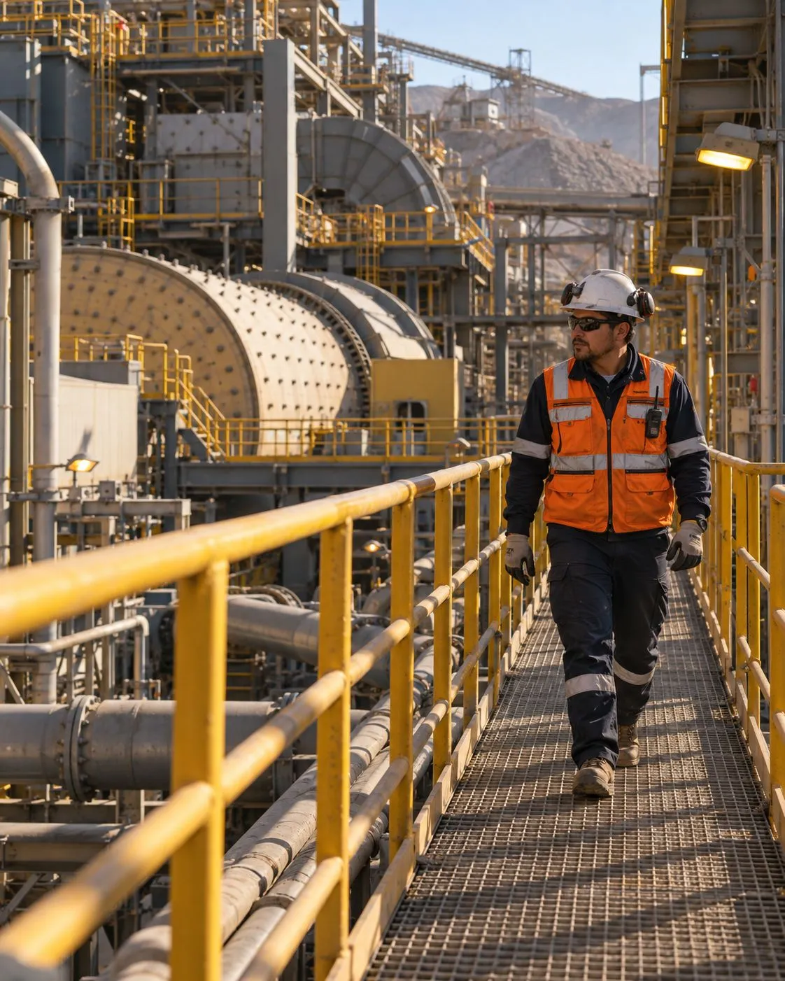 Trabajador en una pasarela de planta industrial, junto a equipos rotatorios