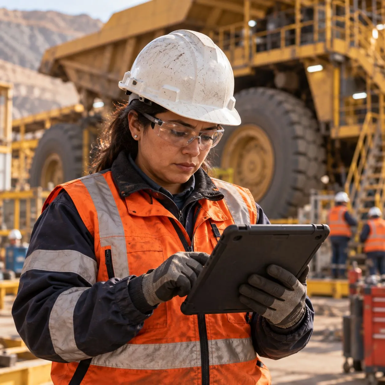 Maintenance supervisor with a tablet in front of a haul truck on site