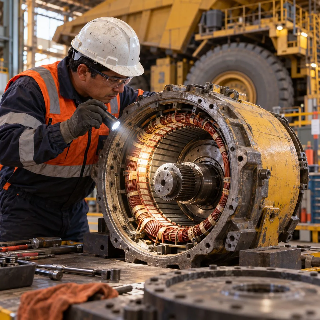 Técnico inspecciona con linterna el estator de un motor eléctrico en un centro de reparación